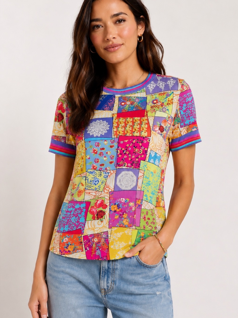 Johnny Was Janie Favorite Short Sleeve Crew Neck Swint Tee Patchwork Boho